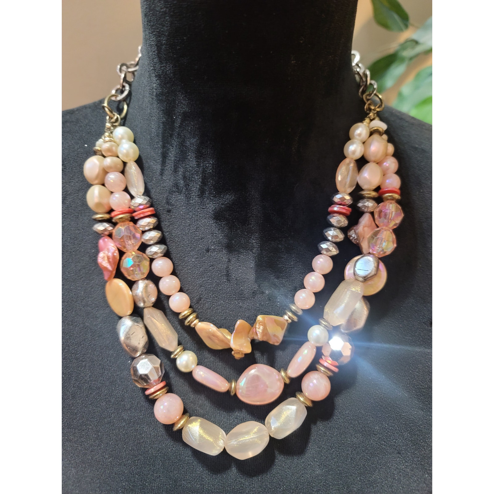 Ruby Rd Women Pink Beaded Statement Necklace Multi Strand Silver Tone Jewelry 35$